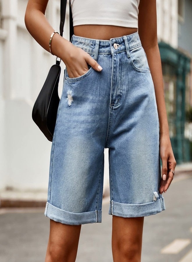 Sumleno Women's Jorts Y2k Baggy Jean Shorts Casual High Waist Straight Leg Long Denim Shorts Y2k Aesthetic Streetwear (Medium Wash,S) - Image 4
